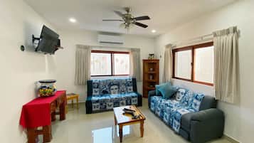 40-inch flat-screen TV with cable channels, TV