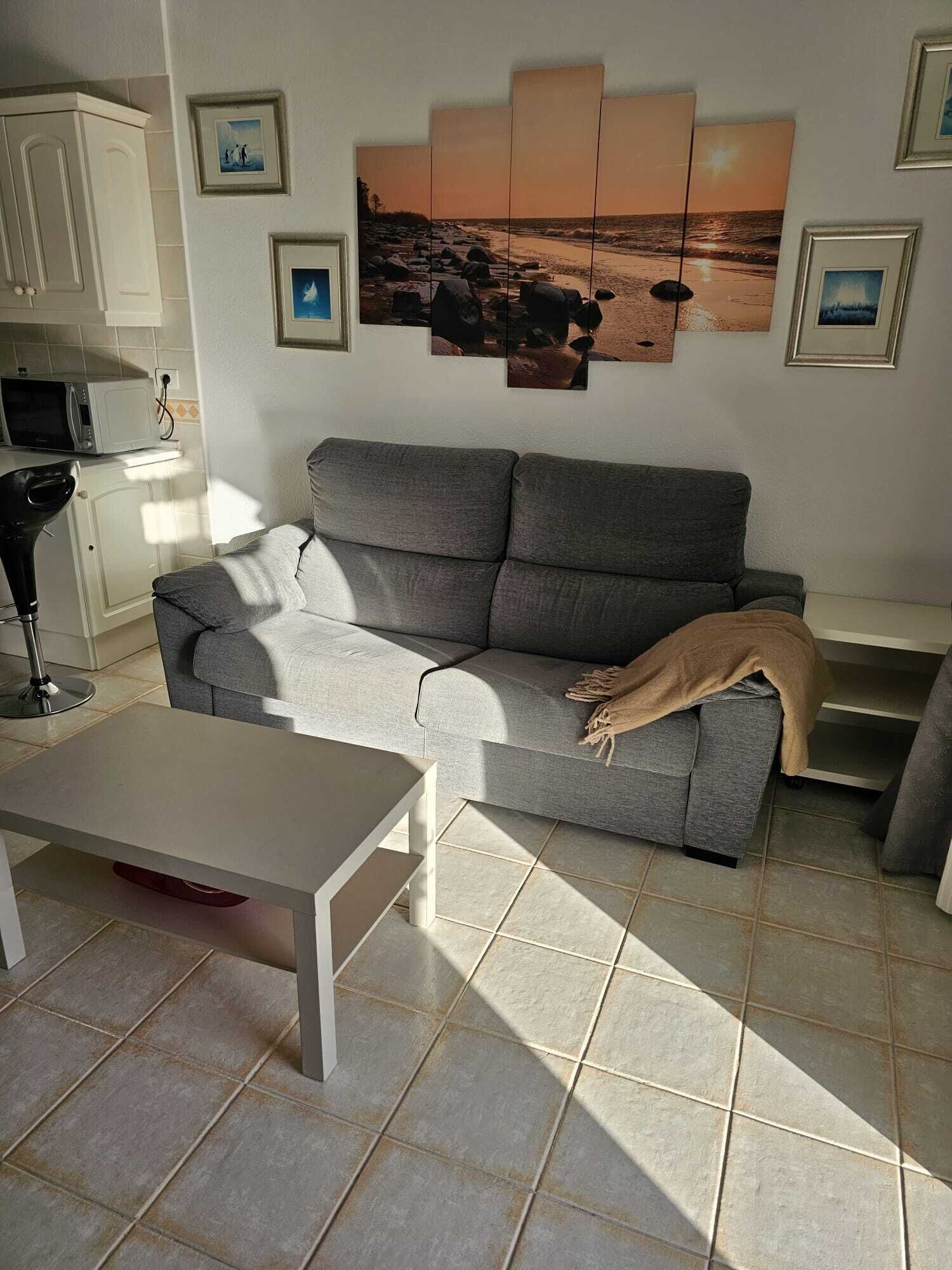 Een woonkamer met een grijze bank, een salontafel, een televisie en een kunstwerk aan de muur dat een strandscène voorstelt.