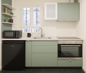 Fridge, microwave, oven, stovetop