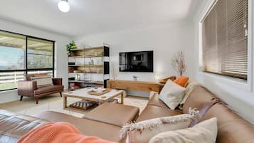 Televisio, takka, työhuone