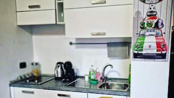 Fridge, stovetop, electric kettle, cookware/dishes/utensils