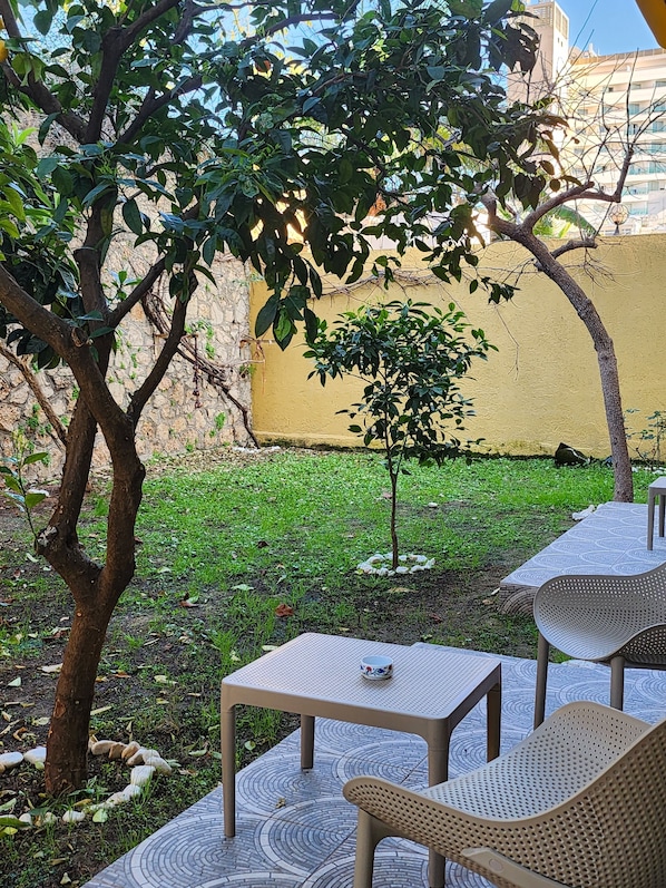 Habitació, 1 llit doble, terrassa, vistes al jardí | Sala d'estar | Televisor LCD de 32 polzades amb canals per satèl·lit i llibres