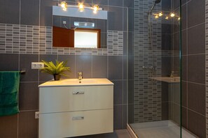 Douche, séchoir à cheveux, serviettes fournies