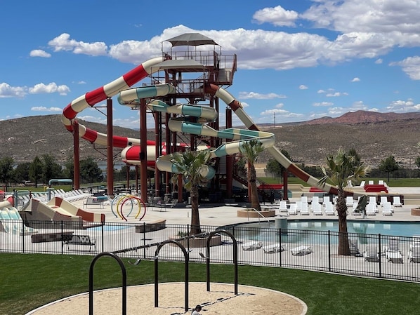 Enjoy thrilling water slides and a refreshing pool experience surrounded by breathtaking mountain views.