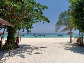 A beach with boats in the water, a sandy shore, and trees.