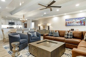 Flat-screen TV, fireplace