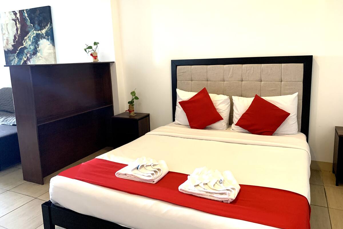 A neatly made bed with white and red bedding, a red throw blanket, and two red pillows. There is a small potted plant on a nightstand beside the bed.
