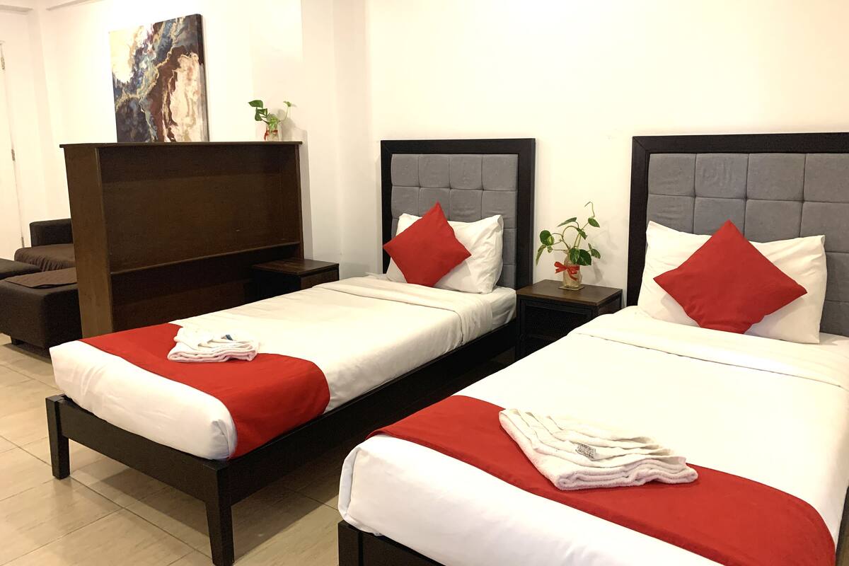 A hotel room with two beds, each with white bedding and red pillows, a small bedside table with a plant, and a painting on the wall.