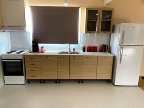 Eine moderne Küche mit Herd, Backofen, Spüle und Kühlschrank.