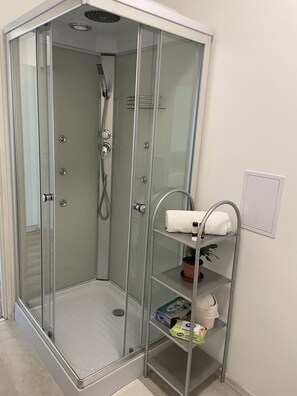 Shower, hair dryer, towels, soap