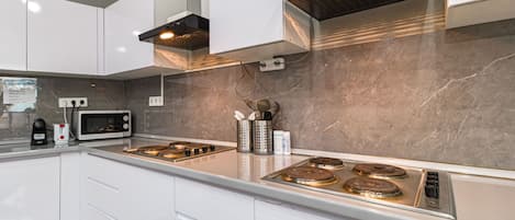 Full-size fridge, microwave, stovetop, dishwasher