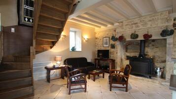 Smart TV, fireplace, books