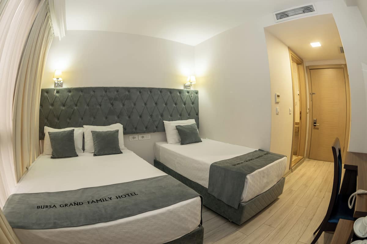 A hotel room with two beds, a grey headboard, and a wooden door.