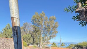 Un jacuzzi en una terraza de madera con vistas a árboles y al océano.