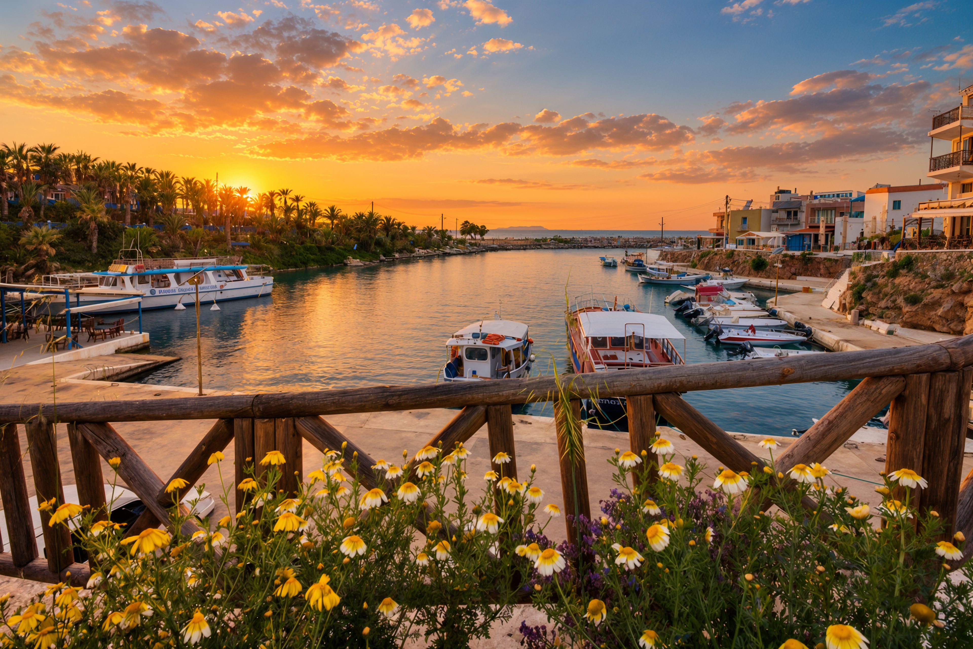 Eine Marina mit vertäuten Booten, ein Holzzaun im Vordergrund und ein Sonnenuntergang im Hintergrund.