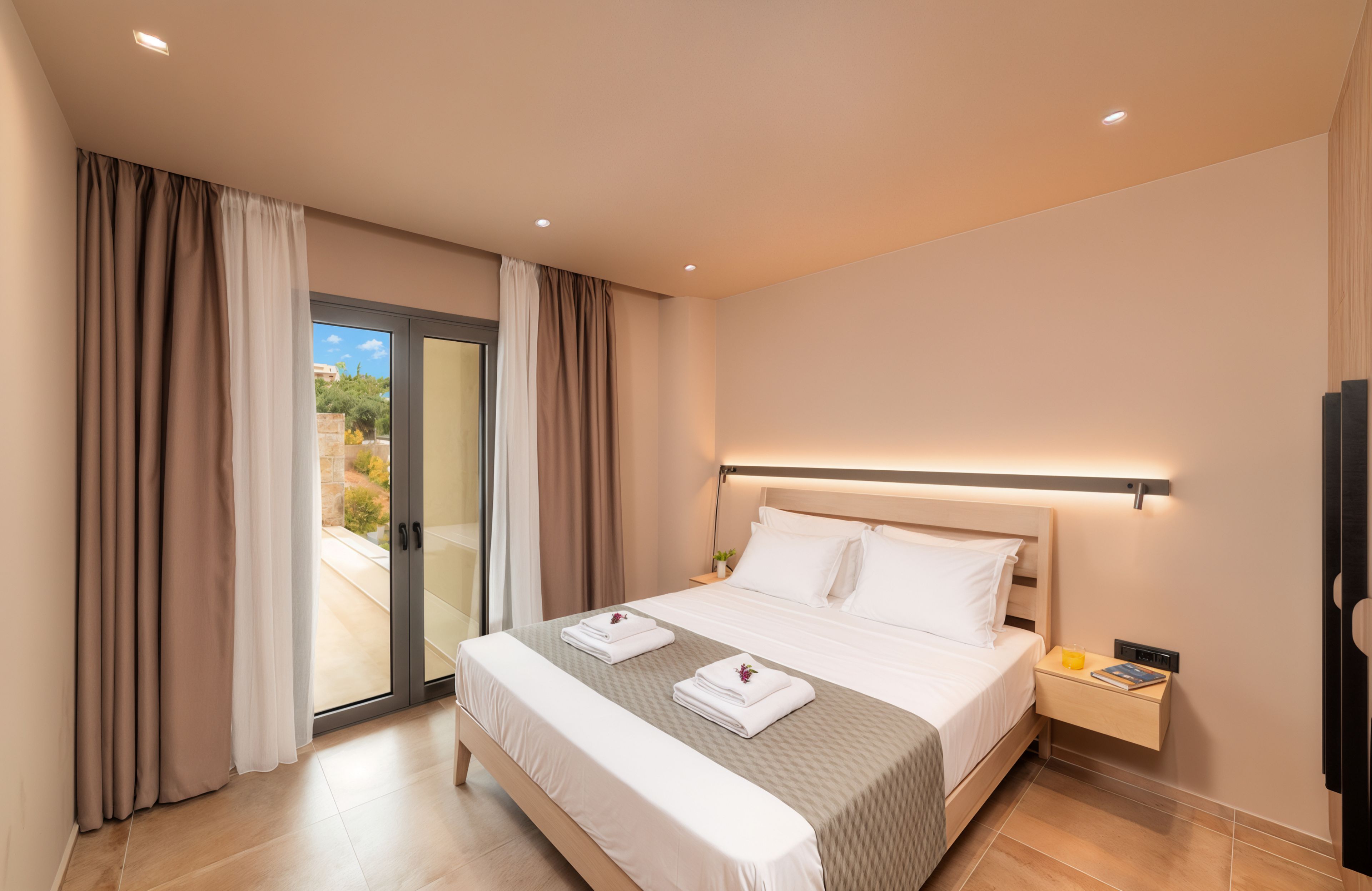 A hotel room with a bed, a nightstand, a lamp, and a view through the window.