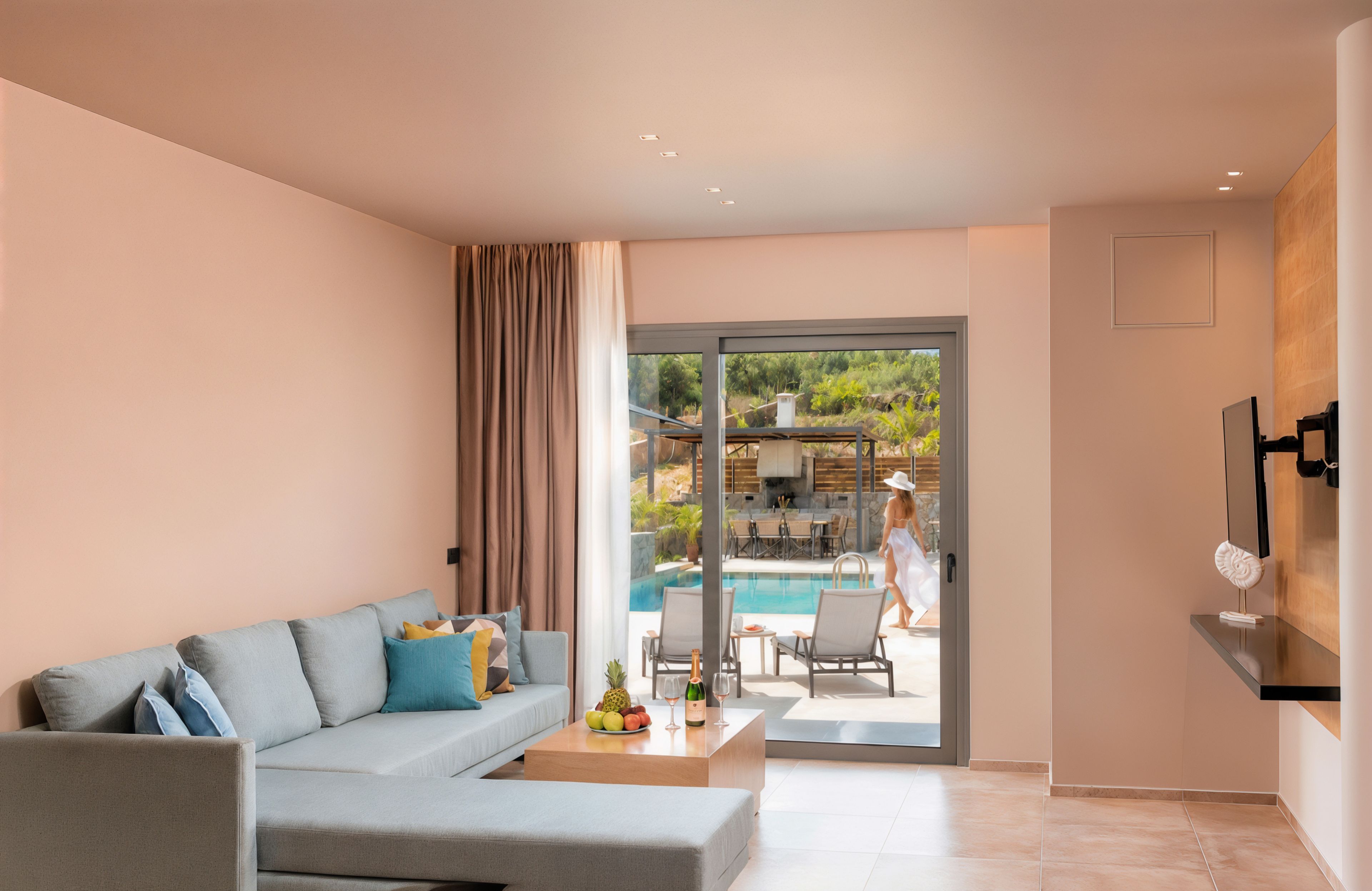Ein modernes Wohnzimmer mit einem grauen Sofa, einem Couchtisch mit Früchten und einer Flasche sowie Blick auf einen Poolbereich im Freien.