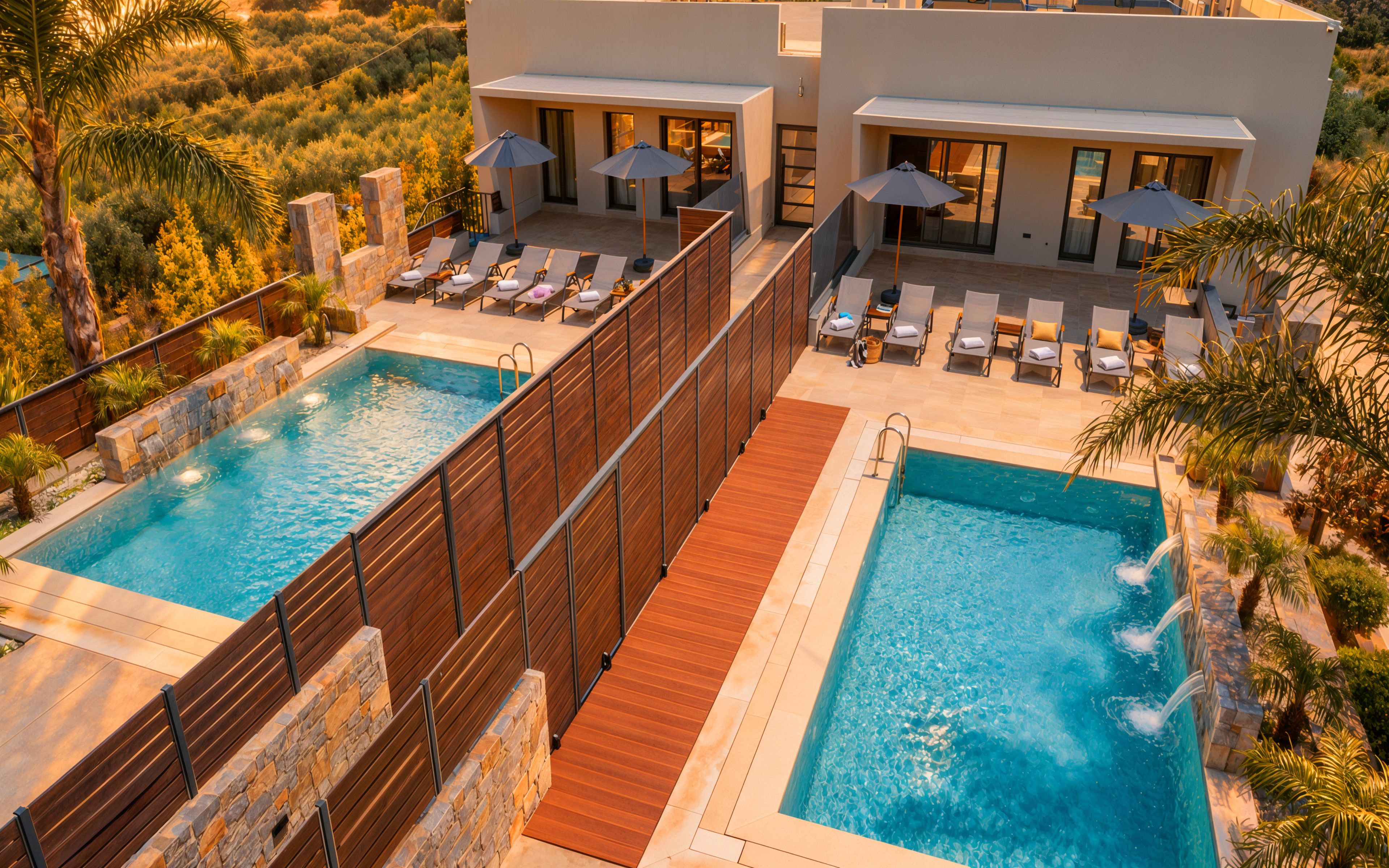 Uma área de piscina no terraço com duas piscinas, espreguiçadeiras e guarda-sóis.