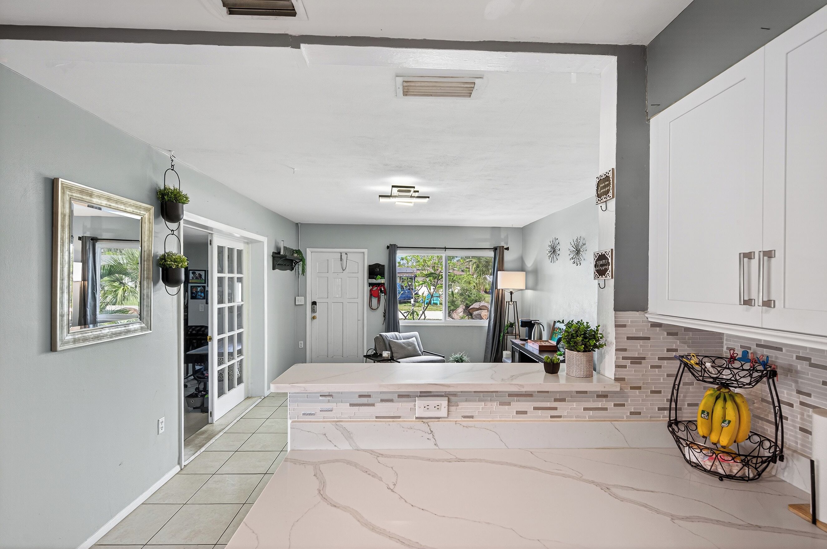 Una cocina moderna con encimera de mármol, armarios blancos y una planta colgante.