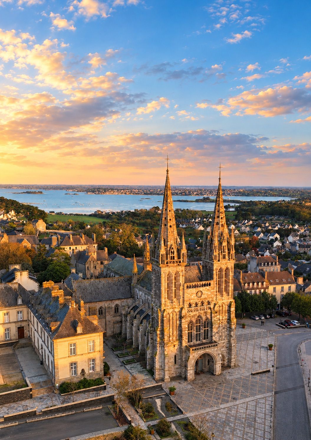 A cathedral with two spires, surrounded by residential buildings and a body of water in the background.
