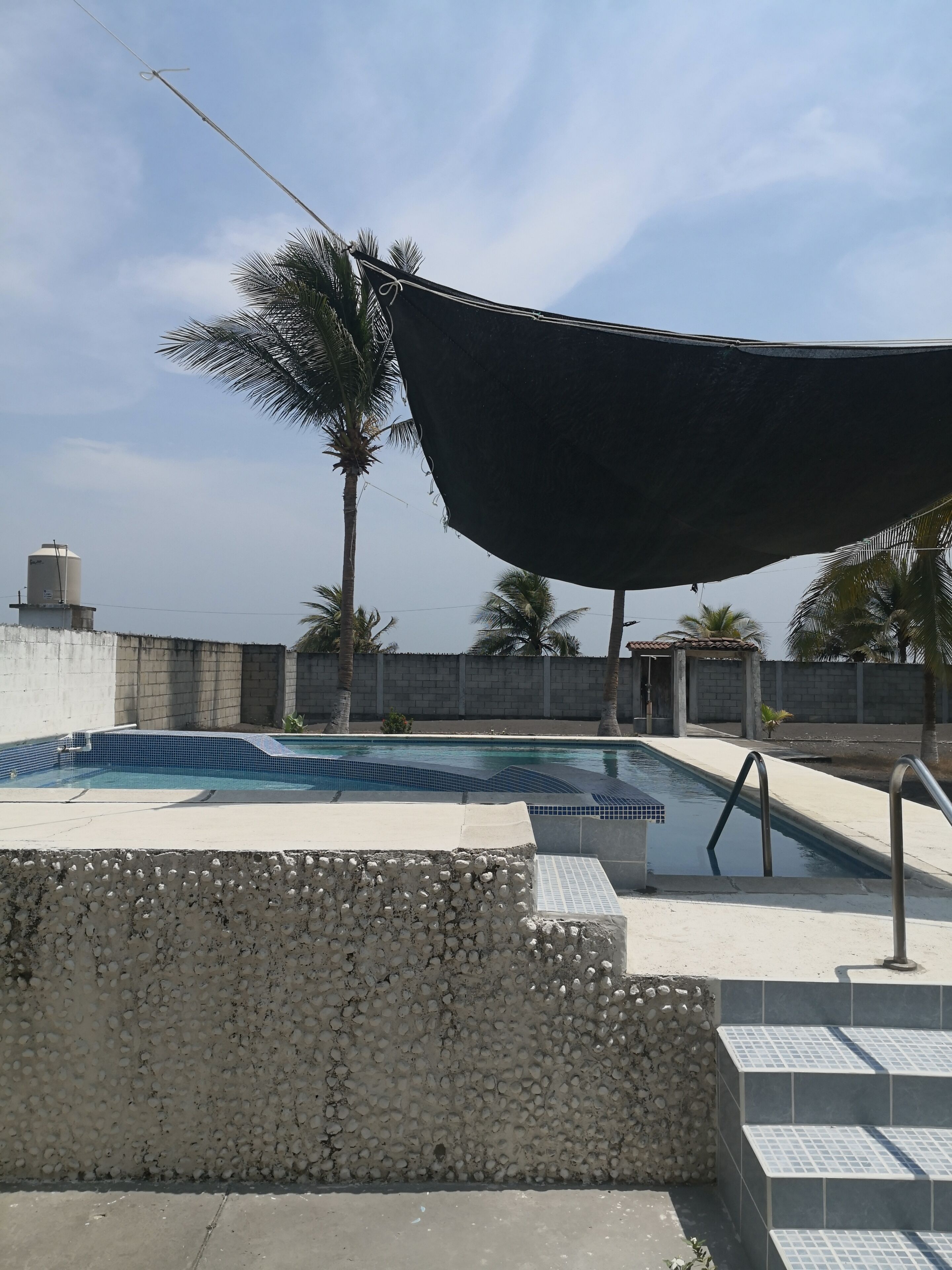 A swimming pool with a stone wall, a shaded area, and palm trees in the background.