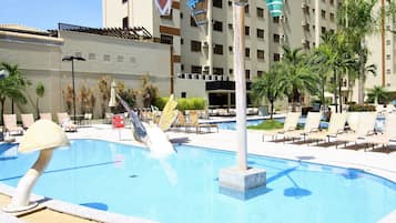 Outdoor pool, pool umbrellas, pool loungers
