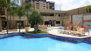 Outdoor pool, pool umbrellas, pool loungers