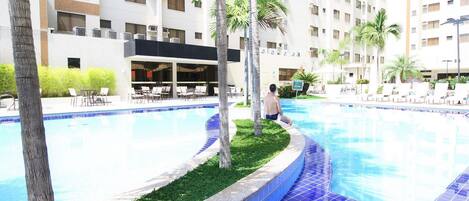 Outdoor pool, pool umbrellas, pool loungers