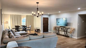 Smart TV, fireplace, foosball