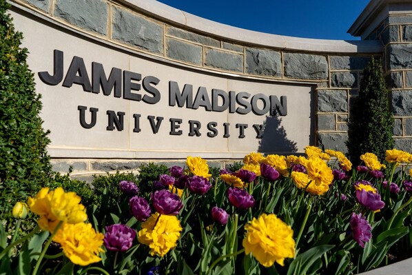 James Madison University's entrance features a beautiful garden with vibrant tulips and a historic stone wall.