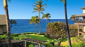 A resort with a view of the ocean, palm trees, and a well-maintained lawn. - Recently upgraded single level ocean view condo (Koloa)