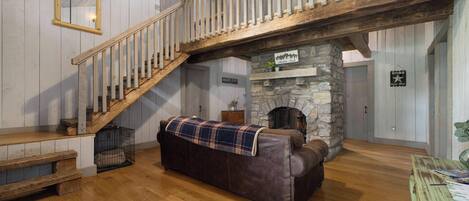 Smart TV, fireplace, books