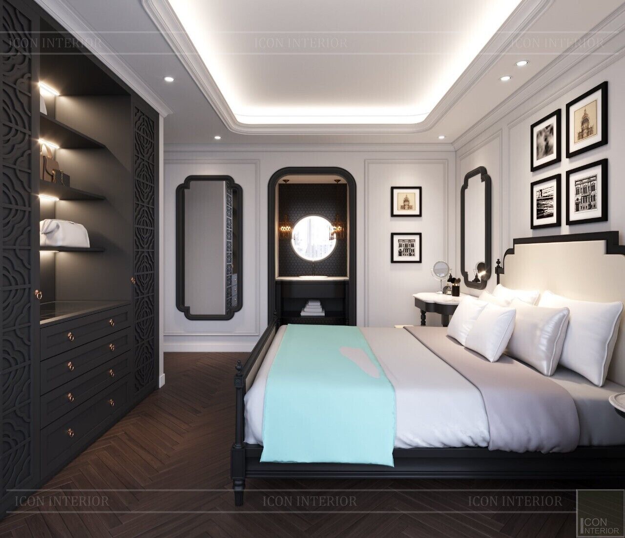 A modern bedroom with a large bed, a vanity with a mirror, and a wardrobe with drawers.