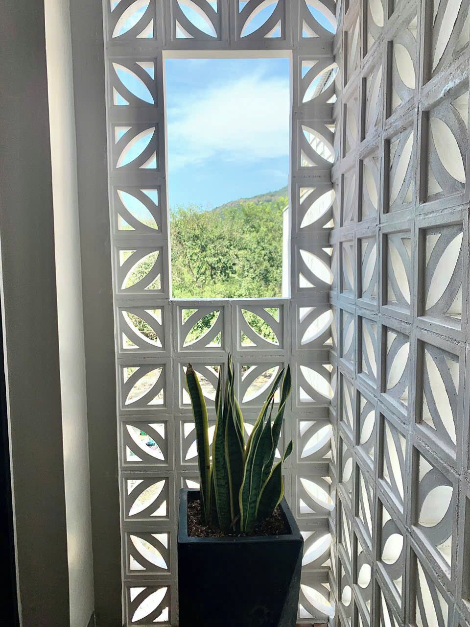 A potted plant in a white lattice structure with a view of a green landscape.