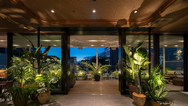 Um lobby de hotel moderno com plantas grandes em vasos, vista para a paisagem urbana e uma área de estar ampla.