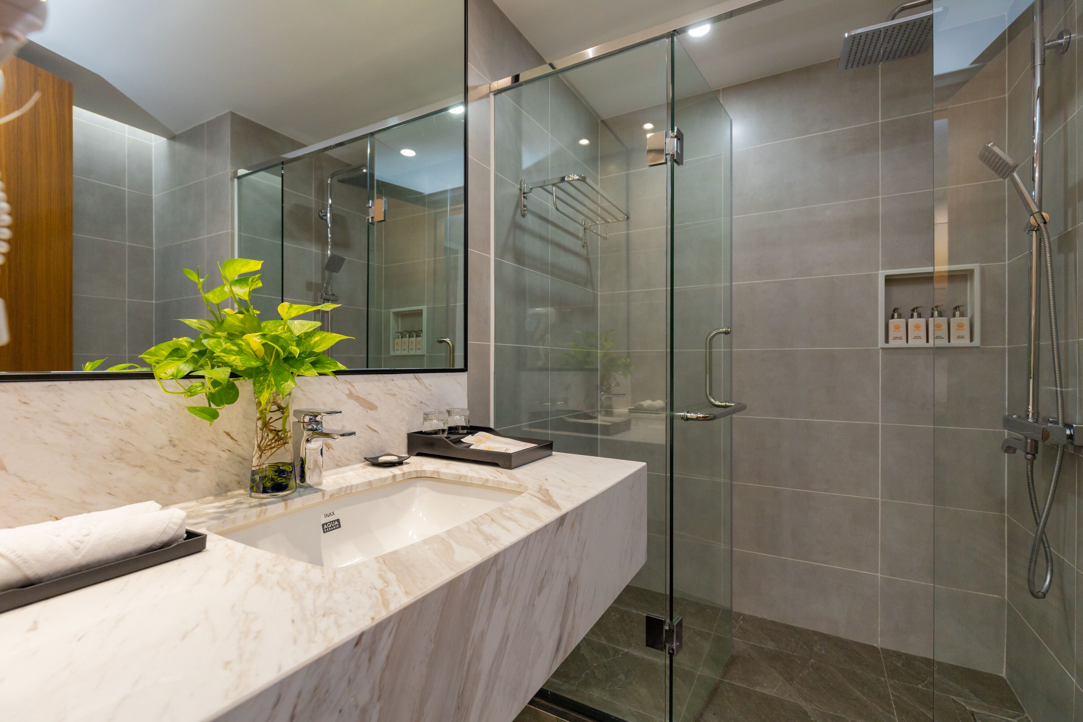 A modern bathroom with a glass-enclosed shower, a marble sink, and a potted plant.