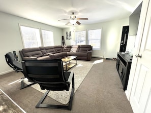 Smart TV, fireplace, video games, foosball