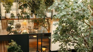 A spacious indoor area with a seating arrangement, including a sofa and chairs, surrounded by potted plants and a large tree.