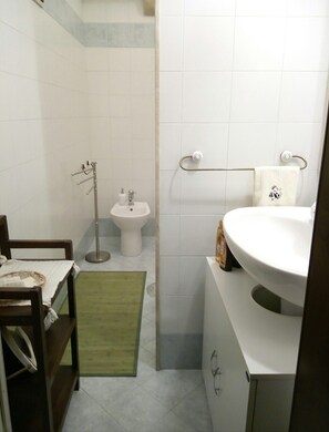 Dusche, umweltfreundliche Kosmetikartikel, Haartrockner, Bidet