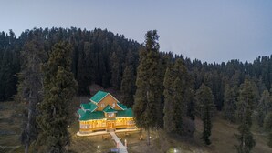 A lodge with a green roof, surrounded by dense forest. - Gulmarg Ski Hill Resort (Baramula)