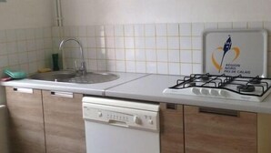 Une cuisine équipée d’un lave-vaisselle, d’un évier et d’une cuisinière à gaz.