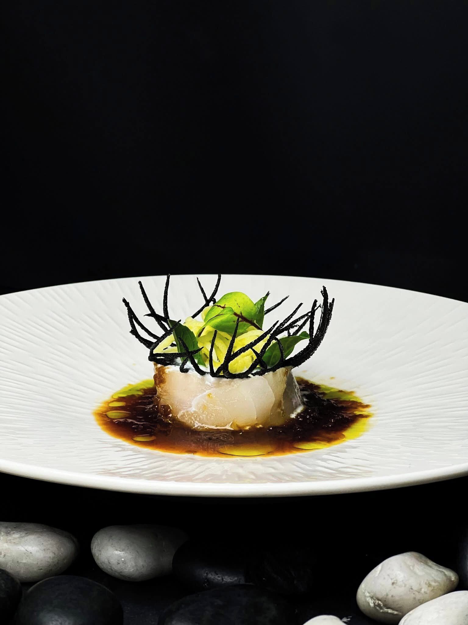 A white plate with a dish of food, possibly fish, garnished with green leaves and black strands, set against a dark background with black stones at the bottom.