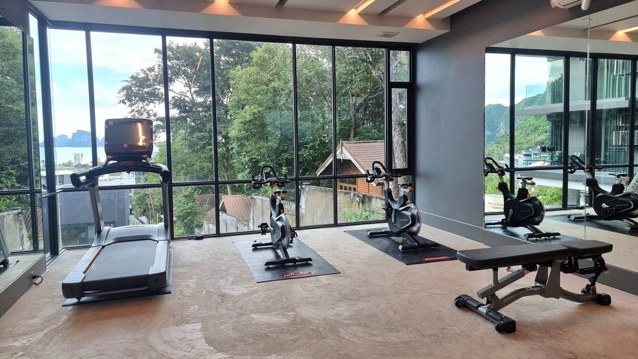 A modern gym with large windows, various exercise equipment, and a view of a residential area.