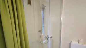 A glass-enclosed shower with a handheld showerhead, a toilet, and a green curtain. - Room in Guest Room - Pension Forelle - Double Room (Forbach)