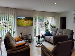 TV, DVD player, books, stereo