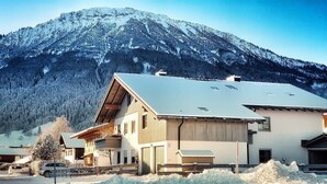 A two-story chalet with a sloped roof, wooden exterior, and a view of a snow-covered mountain.