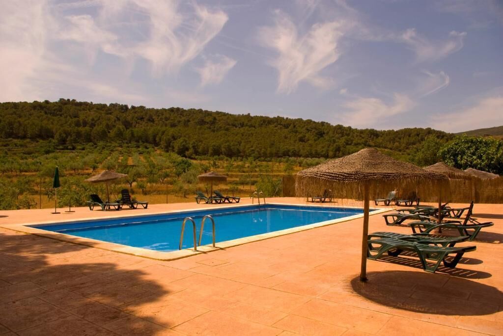 A rectangular swimming pool with two ladders, surrounded by lounge chairs and thatched umbrellas, set against a backdrop of a forested hillside.