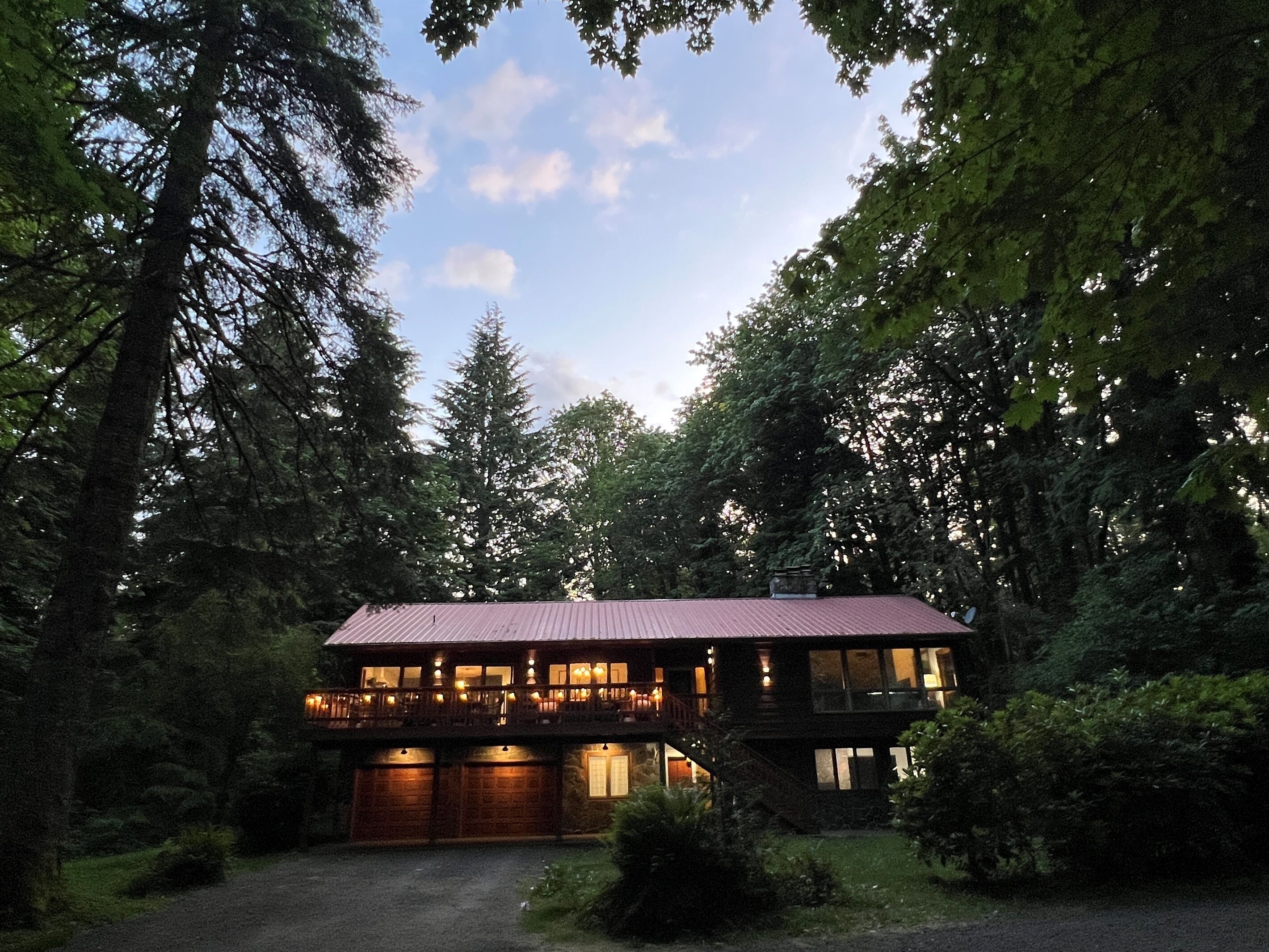 A two-story log cabin with a metal roof, surrounded by dense forest.