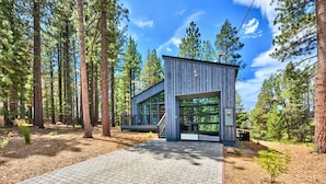 A modern wooden cabin with large windows, surrounded by tall pine trees.