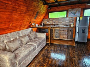 Exclusive Cabin | Living area | 32-inch LED TV with digital channels, fireplace - Hakuna Matata glamping (Monguí)